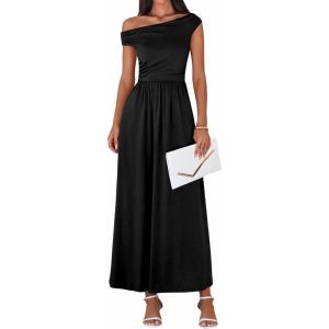 imageBTFBM One Shoulder Dresses for Women Spring 2026 Sleeveless Casual Flowy Pleated Cocktail Party Maxi Sundress PocketsBlack