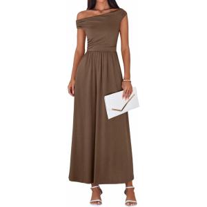 imageBTFBM One Shoulder Dresses for Women Spring 2026 Sleeveless Casual Flowy Pleated Cocktail Party Maxi Sundress PocketsBrown