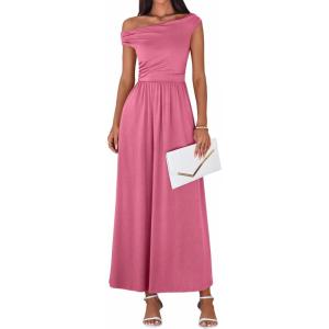 imageBTFBM One Shoulder Dresses for Women Spring 2026 Sleeveless Casual Flowy Pleated Cocktail Party Maxi Sundress PocketsPink