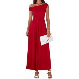 imageBTFBM One Shoulder Dresses for Women Spring 2026 Sleeveless Casual Flowy Pleated Cocktail Party Maxi Sundress PocketsRed