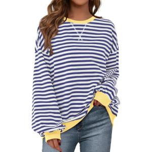 imageBTFBM Womens Oversized Striped Sweatshirt Crewneck Long Sleeve Pullover Top Casual Y2K Fall Clothes 2025 Workout ShirtDark Blue White