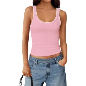 imageBTFBM Sleeveless Tops for Women 2026 Summer Scoop Neck Tank Ribbed Knit Slim Fit Sweater Vest Casual Beach VacationPink