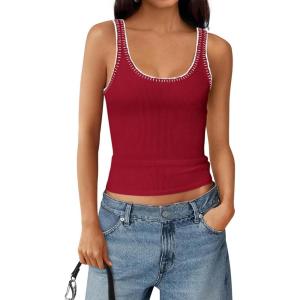 imageBTFBM Sleeveless Tops for Women 2026 Summer Scoop Neck Tank Ribbed Knit Slim Fit Sweater Vest Casual Beach VacationRed