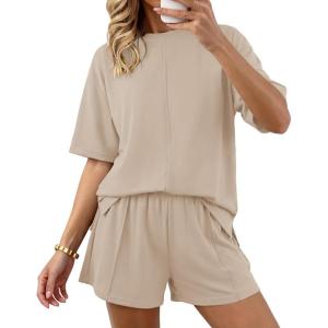 imageBTFBM Casual 2 Piece Sets For Women Summer 2026 Short Sleeve Tops Shorts Spring Lounge Matching Workout Airport OutfitsBeige