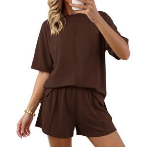 imageBTFBM Casual 2 Piece Sets For Women Summer 2026 Short Sleeve Tops Shorts Spring Lounge Matching Workout Airport OutfitsDark Brown