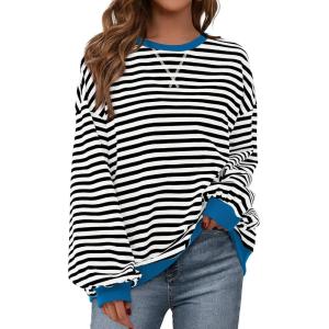 imageBTFBM Womens Oversized Striped Sweatshirt Crewneck Long Sleeve Pullover Top Casual Y2K Spring Clothes 2026 Workout ShirtBlack White