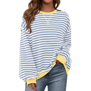 imageBTFBM Womens Oversized Striped Sweatshirt Crewneck Long Sleeve Pullover Top Casual Y2K Spring Clothes 2026 Workout ShirtBlue Beige White