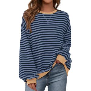 imageBTFBM Womens Oversized Striped Sweatshirt Crewneck Long Sleeve Pullover Top Casual Y2K Spring Clothes 2026 Workout ShirtBlue Navy