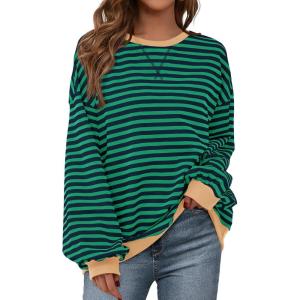 imageBTFBM Womens Oversized Striped Sweatshirt Crewneck Long Sleeve Pullover Top Casual Y2K Spring Clothes 2026 Workout ShirtGreen Navy