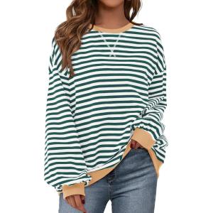 imageBTFBM Womens Oversized Striped Sweatshirt Crewneck Long Sleeve Pullover Top Casual Y2K Spring Clothes 2026 Workout ShirtGreen White