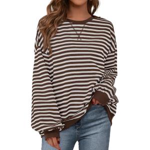 imageBTFBM Womens Oversized Striped Sweatshirt Crewneck Long Sleeve Pullover Top Casual Y2K Spring Clothes 2026 Workout ShirtGrey Brown