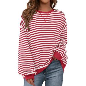 imageBTFBM Womens Oversized Striped Sweatshirt Crewneck Long Sleeve Pullover Top Casual Y2K Spring Clothes 2026 Workout ShirtRed White