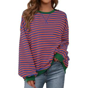 imageBTFBM Womens Oversized Striped Sweatshirt Crewneck Long Sleeve Pullover Top Casual Y2K Spring Clothes 2026 Workout ShirtRoyal Blue Orange