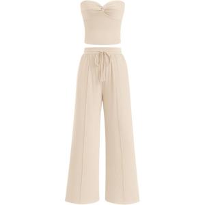 imageBTFBM Two Piece Sets For Women Summer Ribbed Strapless Twist Knot Tube Top Pants Set Casual 2026 Beach Vacation OutfitsApricot