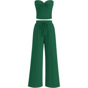 imageBTFBM Two Piece Sets For Women Summer Ribbed Strapless Twist Knot Tube Top Pants Set Casual 2026 Beach Vacation OutfitsGreen