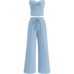 imageBTFBM Two Piece Sets For Women Summer Ribbed Strapless Twist Knot Tube Top Pants Set Casual 2026 Beach Vacation OutfitsLight Blue