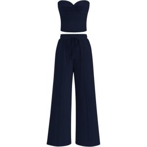 imageBTFBM Two Piece Sets For Women Summer Ribbed Strapless Twist Knot Tube Top Pants Set Casual 2026 Beach Vacation OutfitsNavy Blue