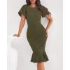 imageBTFBM Women Formal Wedding Guest Cocktail Dresses 2026 Short Sleeve Ruffle Mermaid Work Bodycon Elegant Midi Summer DressArmy Green