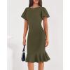 imageBTFBM Women Formal Wedding Guest Cocktail Dresses 2026 Short Sleeve Ruffle Mermaid Work Bodycon Elegant Midi Summer DressArmy Green