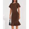 imageBTFBM Women Formal Wedding Guest Cocktail Dresses 2026 Short Sleeve Ruffle Mermaid Work Bodycon Elegant Midi Summer DressBrown