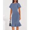 imageBTFBM Women Formal Wedding Guest Cocktail Dresses 2026 Short Sleeve Ruffle Mermaid Work Bodycon Elegant Midi Summer DressGrey Blue