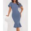 imageBTFBM Women Formal Wedding Guest Cocktail Dresses 2026 Short Sleeve Ruffle Mermaid Work Bodycon Elegant Midi Summer DressGrey Blue