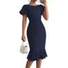 imageBTFBM Women Formal Wedding Guest Cocktail Dresses 2026 Short Sleeve Ruffle Mermaid Work Bodycon Elegant Midi Summer DressNavy Blue
