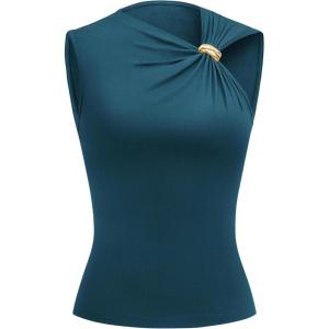 imageBTFBM Spring Tops for Women 2026 Asymmetrical Neck Sleeveless Going Out Summer Outfits Casual Ruched Y2k Tank Top ClothesDark Blue