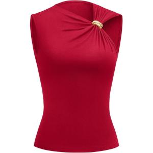 imageBTFBM Spring Tops for Women 2026 Asymmetrical Neck Sleeveless Going Out Summer Outfits Casual Ruched Y2k Tank Top ClothesRed