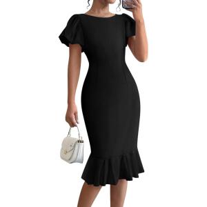 imageBTFBM Women Formal Wedding Guest Cocktail Dresses 2026 Short Sleeve Ruffle Mermaid Work Bodycon Elegant Midi Summer DressBlack