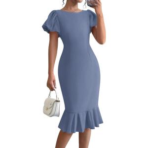 imageBTFBM Women Formal Wedding Guest Cocktail Dresses 2026 Short Sleeve Ruffle Mermaid Work Bodycon Elegant Midi Summer DressGrey Blue