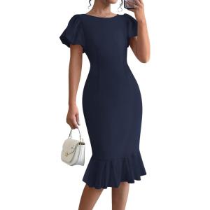 imageBTFBM Women Formal Wedding Guest Cocktail Dresses 2026 Short Sleeve Ruffle Mermaid Work Bodycon Elegant Midi Summer DressNavy Blue