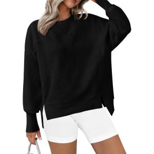 imageBTFBM Womens Casual Crewneck Sweatshirts 2026 Spring Fall Clothes Long Sleeve Side Slit Workout Fleece Pullover TopsBlack