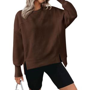 imageBTFBM Womens Casual Crewneck Sweatshirts 2026 Spring Fall Clothes Long Sleeve Side Slit Workout Fleece Pullover TopsCoffee