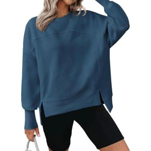 imageBTFBM Womens Casual Crewneck Sweatshirts 2026 Spring Fall Clothes Long Sleeve Side Slit Workout Fleece Pullover TopsDark Blue
