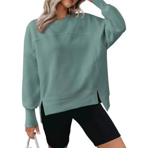 imageBTFBM Womens Casual Crewneck Sweatshirts 2026 Spring Fall Clothes Long Sleeve Side Slit Workout Fleece Pullover TopsGrey Green