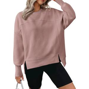 imageBTFBM Womens Casual Crewneck Sweatshirts 2026 Spring Fall Clothes Long Sleeve Side Slit Workout Fleece Pullover TopsGrey Pink