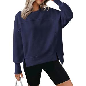 imageBTFBM Womens Casual Crewneck Sweatshirts 2026 Spring Fall Clothes Long Sleeve Side Slit Workout Fleece Pullover TopsNavy