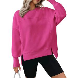 imageBTFBM Womens Casual Crewneck Sweatshirts 2026 Spring Fall Clothes Long Sleeve Side Slit Workout Fleece Pullover TopsRose Red