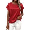 imageBTFBM Womens Summer Tops 2026 Satin Silk Crewneck Short Sleeve Shirts Work Business Outfits Spring Blouses Dressy CasualRed