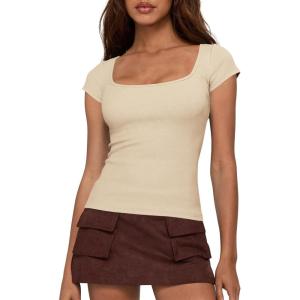 imageBTFBM T Shirts for Women Square Neck Tops 2026 Spring Trendy Fashion Going Out Workout Y2k Clothes Summer OutfitsBeige