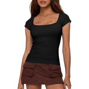 imageBTFBM T Shirts for Women Square Neck Tops 2026 Spring Trendy Fashion Going Out Workout Y2k Clothes Summer OutfitsBlack
