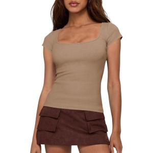 imageBTFBM T Shirts for Women Square Neck Tops 2026 Spring Trendy Fashion Going Out Workout Y2k Clothes Summer OutfitsLight Khaki