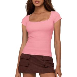 imageBTFBM T Shirts for Women Square Neck Tops 2026 Spring Trendy Fashion Going Out Workout Y2k Clothes Summer OutfitsPink