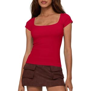 imageBTFBM T Shirts for Women Square Neck Tops 2026 Spring Trendy Fashion Going Out Workout Y2k Clothes Summer OutfitsRed