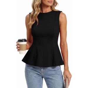 imageBTFBM Womens Summer Tops 2026 Business Casual Outfits Crew Neck Sleeveless Shirts Slim Fit Peplum Tank TopBlack