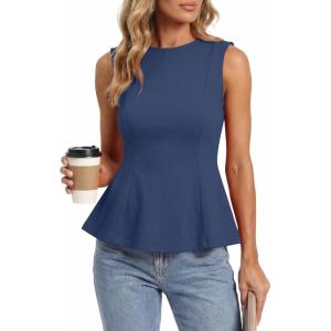 imageBTFBM Womens Summer Tops 2026 Business Casual Outfits Crew Neck Sleeveless Shirts Slim Fit Peplum Tank TopGrey Blue
