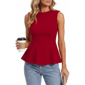 imageBTFBM Womens Summer Tops 2026 Business Casual Outfits Crew Neck Sleeveless Shirts Slim Fit Peplum Tank TopRed
