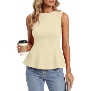 imageBTFBM Womens Summer Tops 2026 Business Casual Outfits Crew Neck Sleeveless Shirts Slim Fit Peplum Tank TopYellow