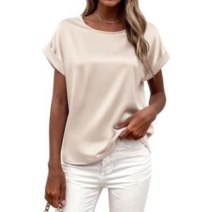 imageBTFBM Womens Summer Tops 2026 Satin Silk Crewneck Short Sleeve Shirts Work Business Outfits Spring Blouses Dressy CasualBeige